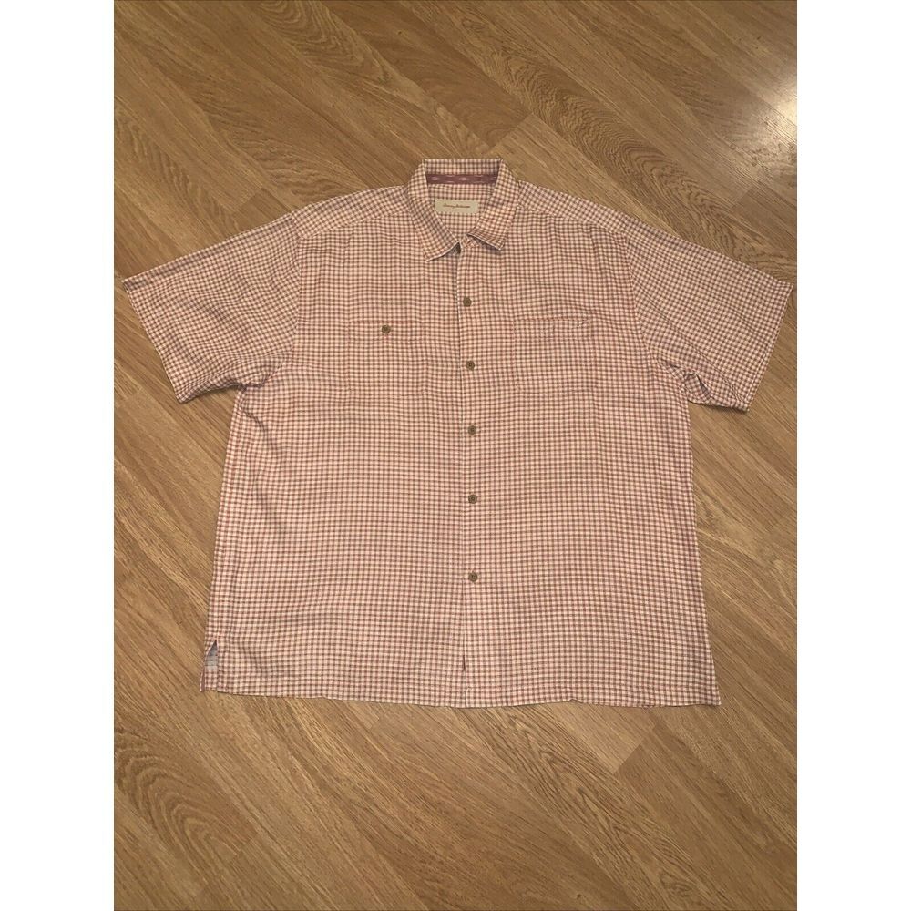 Tommy Bahama Men~Size XL~100% Silk~Orange/Peach Checkered~Short Sleeve~Button Up